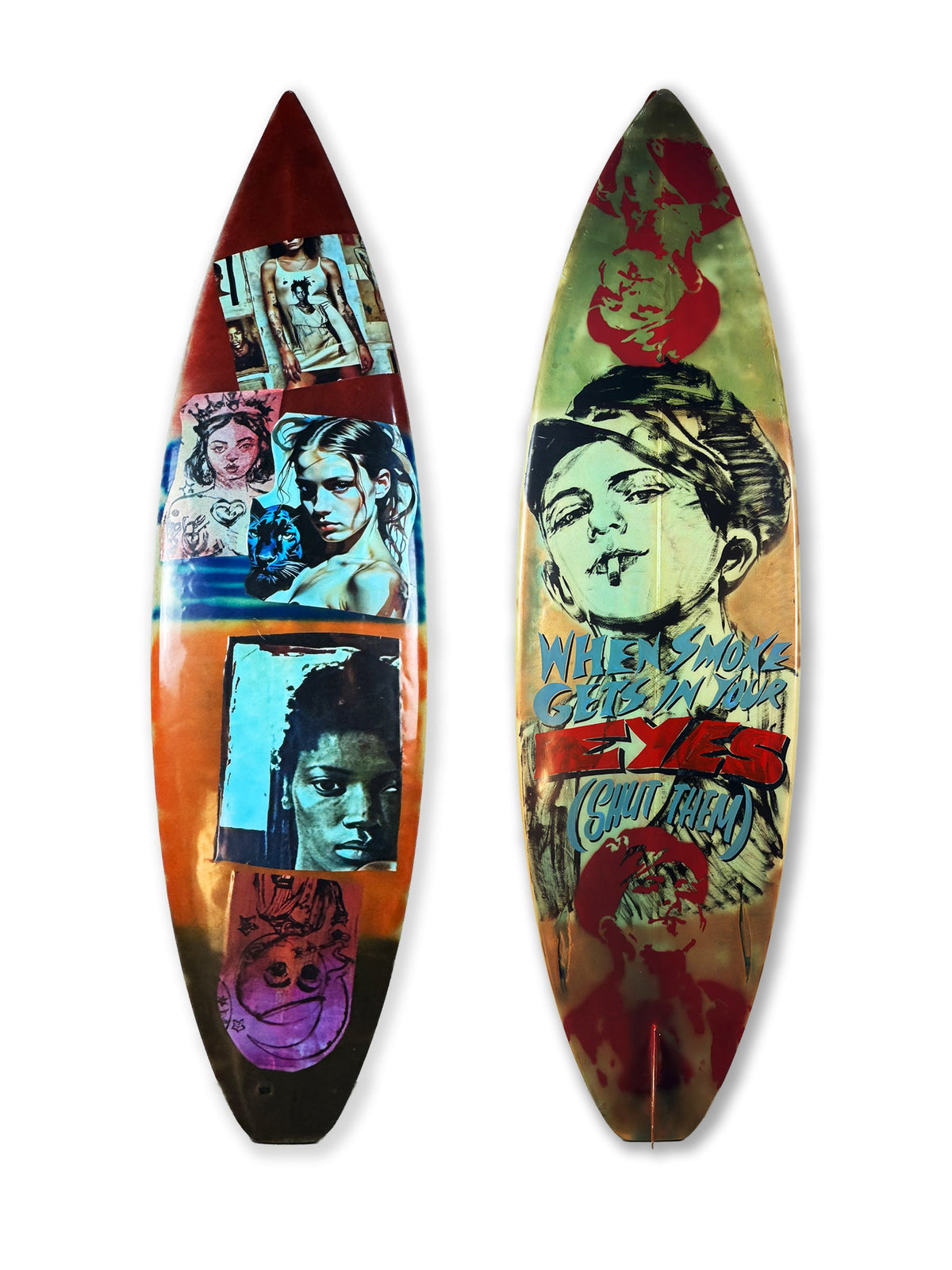 Queens Surfboard by David Bromley: colourful female portraits and lettering across a surfboard.