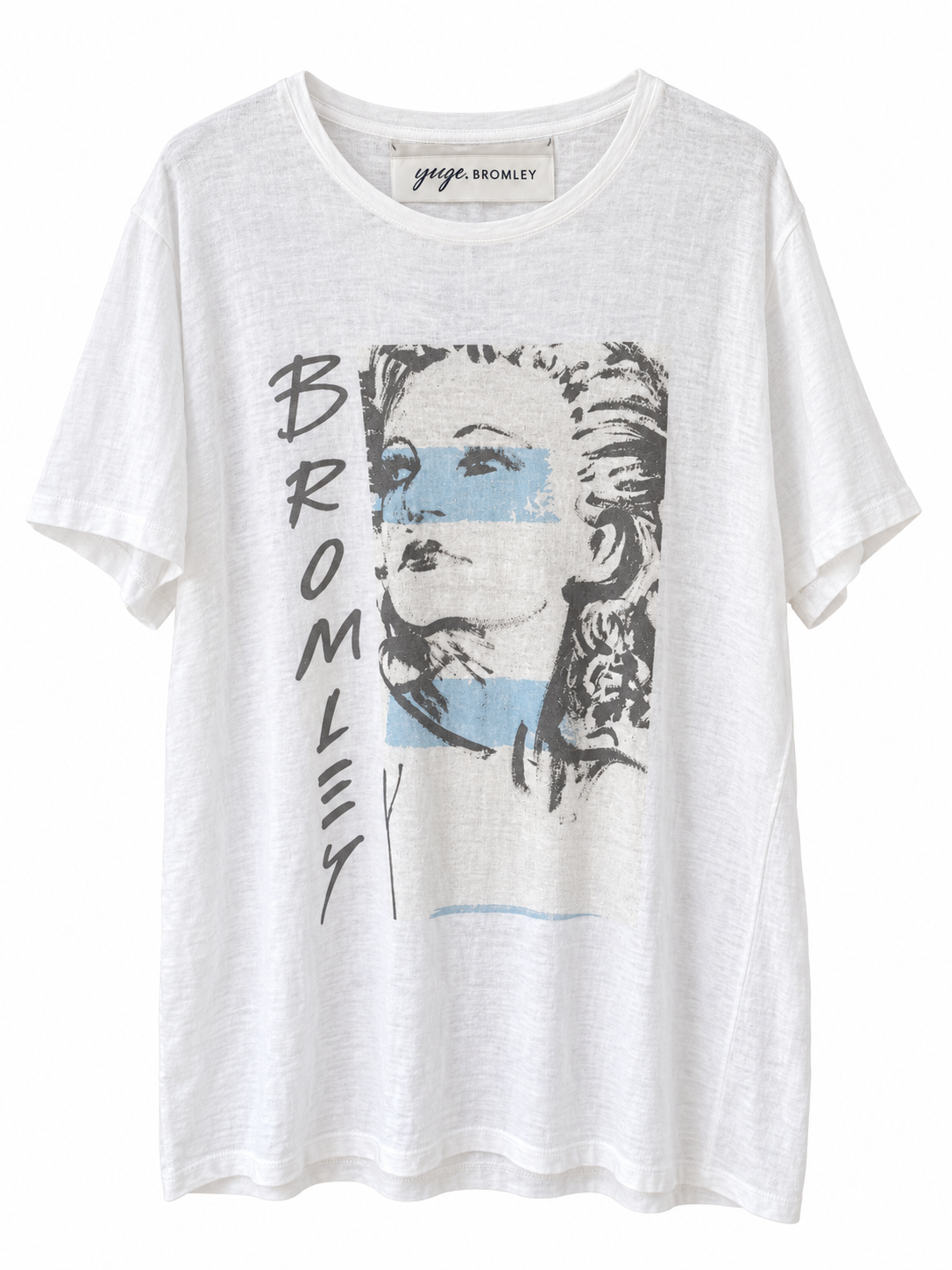 David Bromley Blue Portrait white 100% linen T-shirt on a white background
