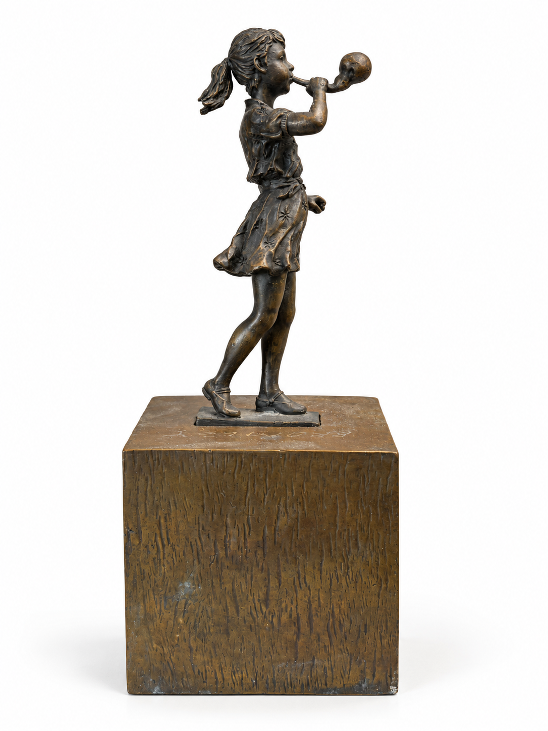 David Bromley - Girl Brass Sculpture, 27 × 10 cm, side view on white
