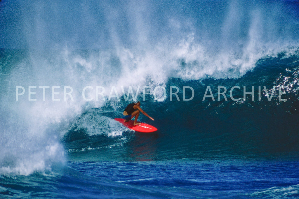 Rory Russell surfing Pipeline in Hawaii in 1978, photographed by Peter Crawford.