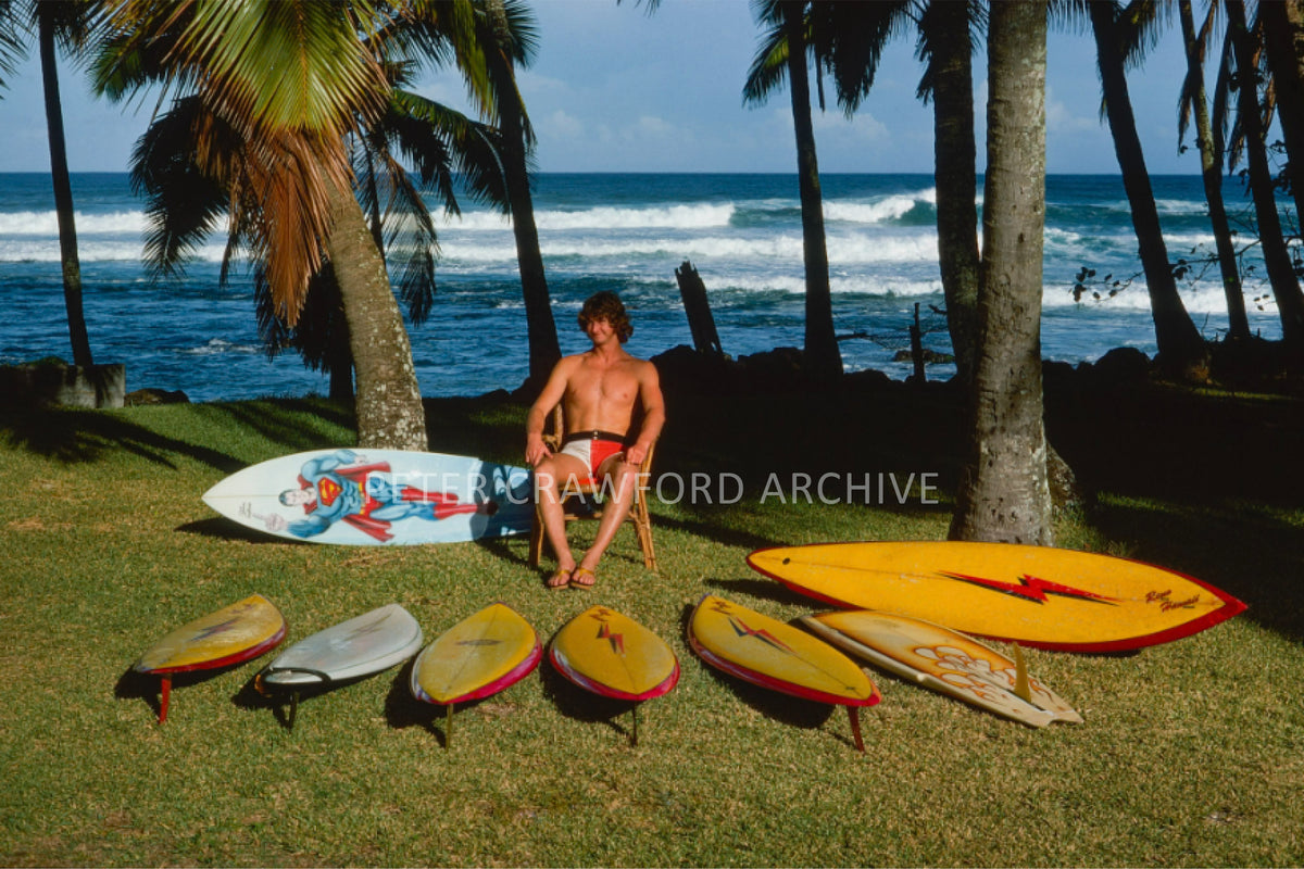 Mark Richards’ Hawaiian quiver at Jocko’s on the North Shore of Hawaii in 1976, photographed by Peter Crawford.