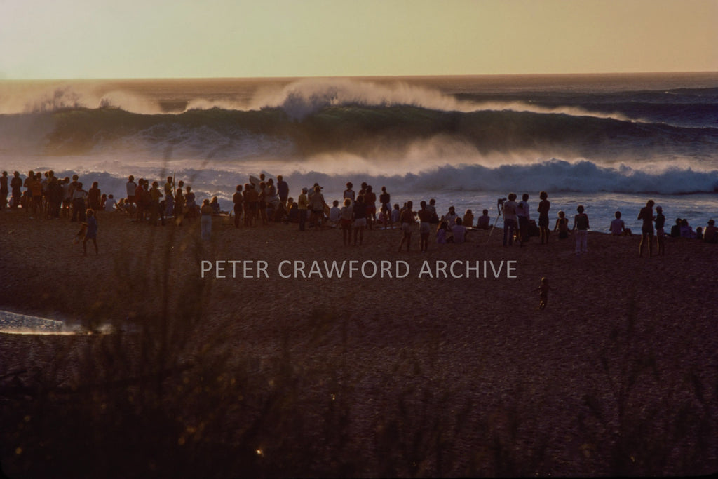 Pipeline lineup on the North Shore of Hawaii in 1975, photographed by Peter Crawford.