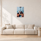 Beware Girls, 1985 by Peter Crawford — 40 × 60 cm aluminium-mounted resin print, frameless in a light minimalist living room.