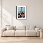 Beware Girls, 1985 by Peter Crawford — 40 × 60 cm, black frame with white mat, shown in a light minimalist living room.