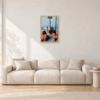 Beware Girls, 1985 by Peter Crawford — 40 × 60 cm, hayseed frame, shown in a light minimalist living room.