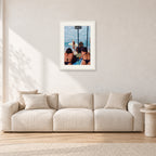 Beware Girls, 1985 by Peter Crawford — 40 × 60 cm, white frame with white mat, shown in a light minimalist living room.