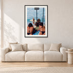 Beware Girls, 1985 by Peter Crawford — 60 × 90 cm, black frame with white mat, shown in a light minimalist living room.