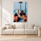 Beware Girls, 1985 by Peter Crawford — 80 × 120 cm aluminium-mounted resin print, frameless in a light minimalist living room.
