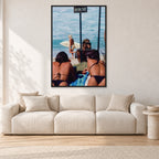 Beware Girls, 1985 by Peter Crawford — 80 × 120 cm, black frame, shown in a light minimalist living room.