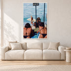 Beware Girls, 1985 by Peter Crawford — 80 × 120 cm, white frame, shown in a light minimalist living room.
