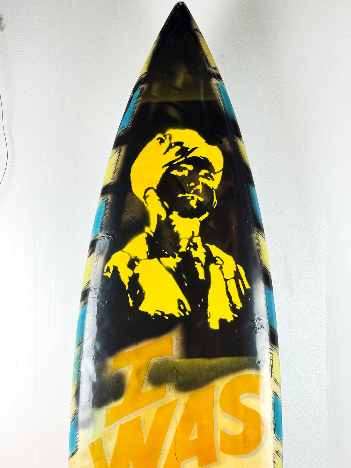 What I am Now Surfboard by David Bromley — upper yellow portrait detail.