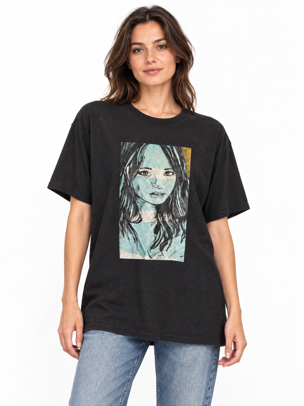 David Bromley x YUGE Blue Girl black linen T-shirt with a blue-toned portrait print worn by a model.