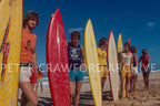 Mark Richards, Gerry Lopez, Rory Russell, Mike Armstrong, Paul Naude and Pepe Lopes gather at Pipeline in 1976. Peter Crawford Archive.