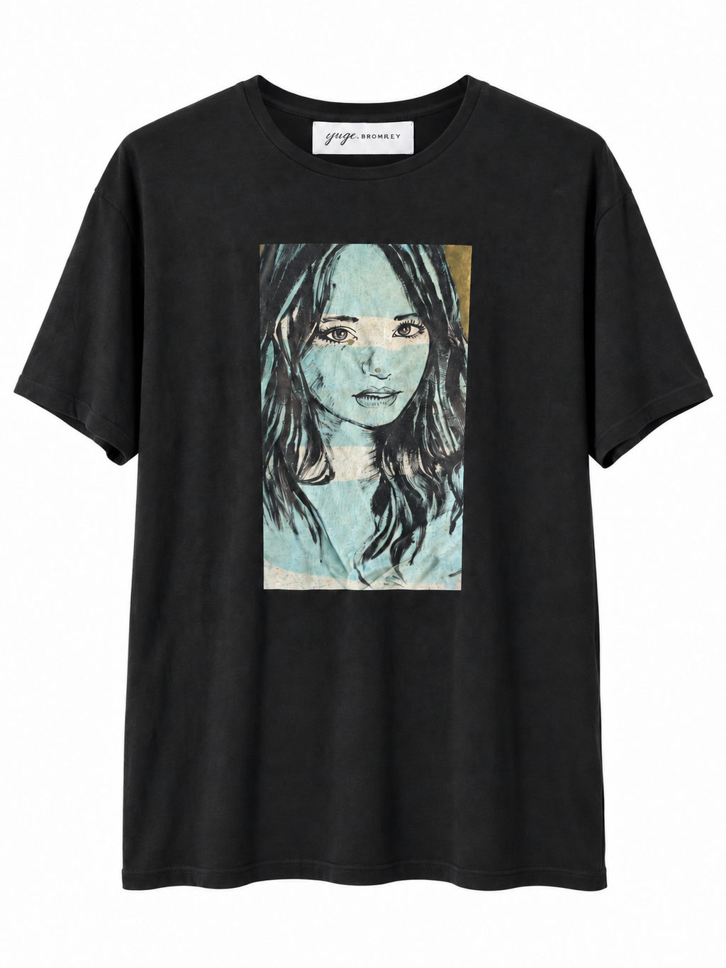 David Bromley x YUGE Blue Girl black linen T-shirt with a blue-toned portrait print on white.