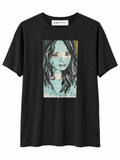 David Bromley x YUGE Blue Girl black linen T-shirt with a blue-toned portrait print on white.