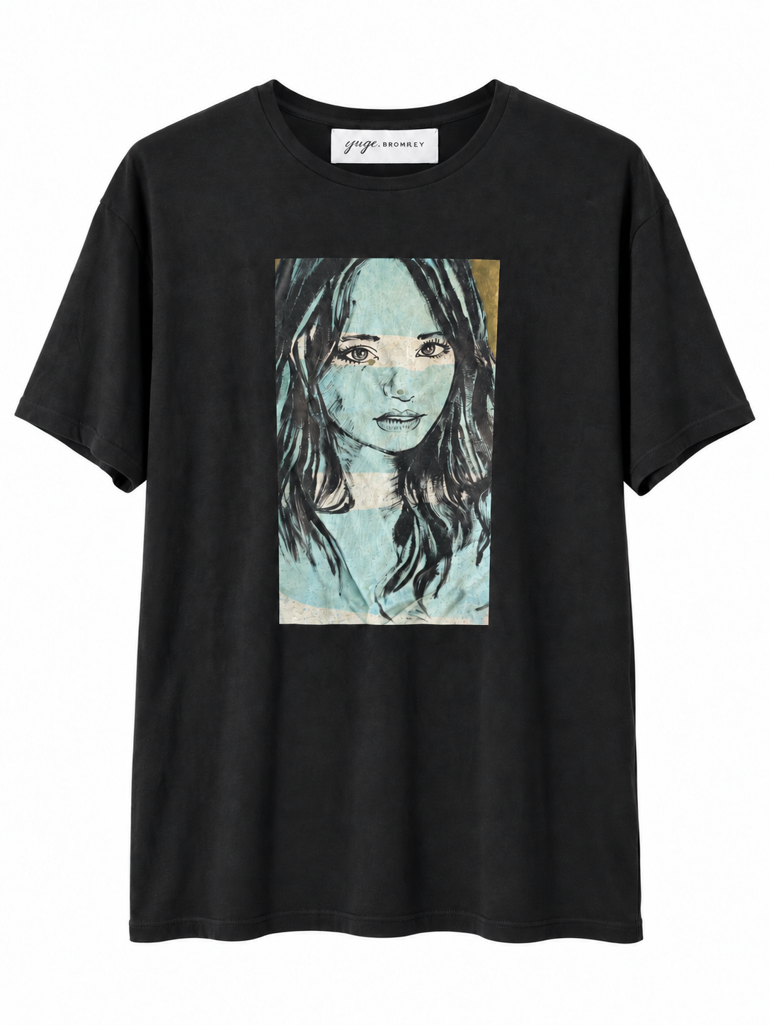 David Bromley x YUGE Blue Girl black linen T-shirt with a blue-toned portrait print on white.