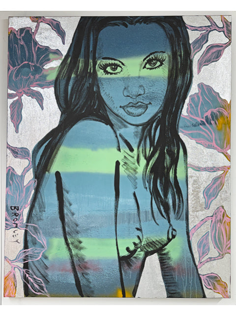 Silver Magnolias by David Bromley: a blue and green female portrait surrounded by floral linework.