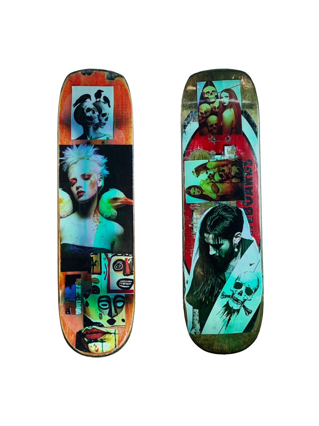 Skateboard 1 by David Bromley — colourful portraits and layered collage imagery on a skateboard deck, painted deck displayed above a glass-topped wooden crate.