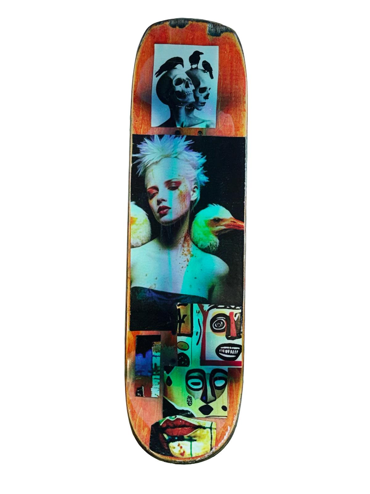 Skateboard 1 by David Bromley — colourful portraits and layered collage imagery on a skateboard deck, one painted side on white.
