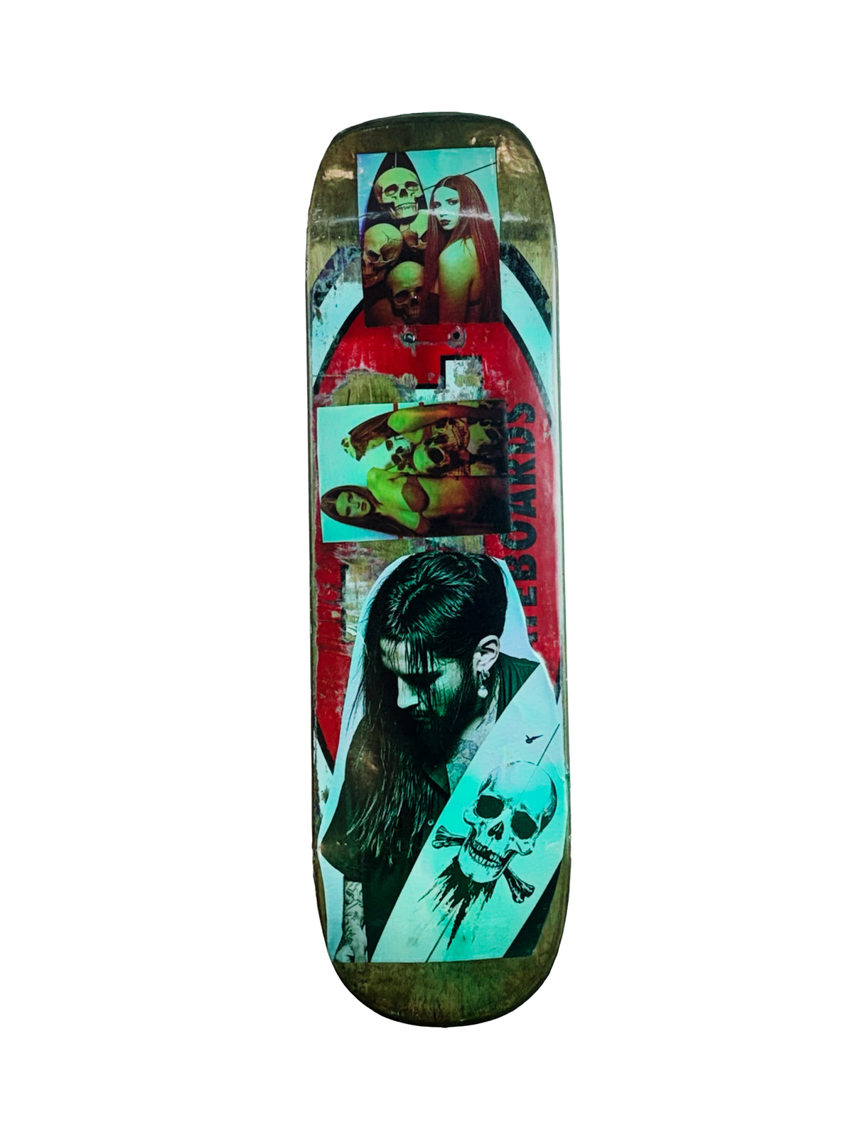Skateboard 1 by David Bromley — colourful portraits and layered collage imagery on a skateboard deck, opposite painted side on white.