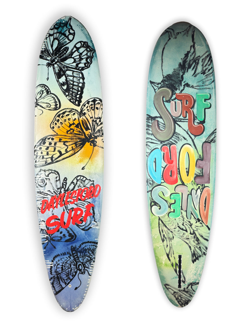 Daylesford Surf Surfboard by David Bromley: butterflies and colourful lettering across both sides of a surfboard.