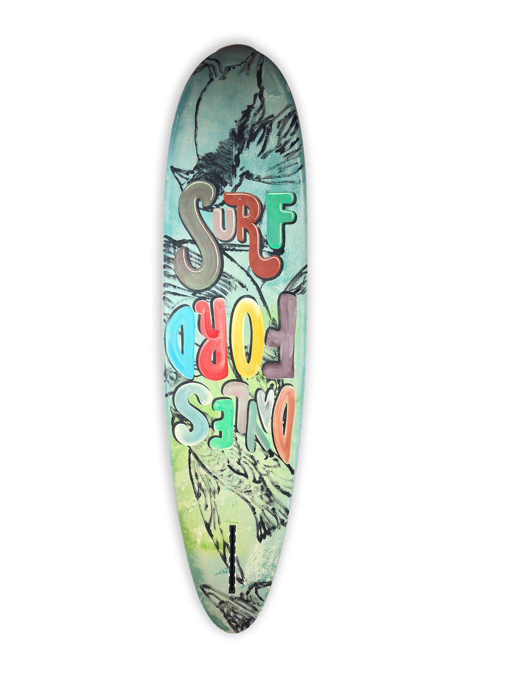 Daylesford Surf Surfboard by David Bromley — lettered side on white.
