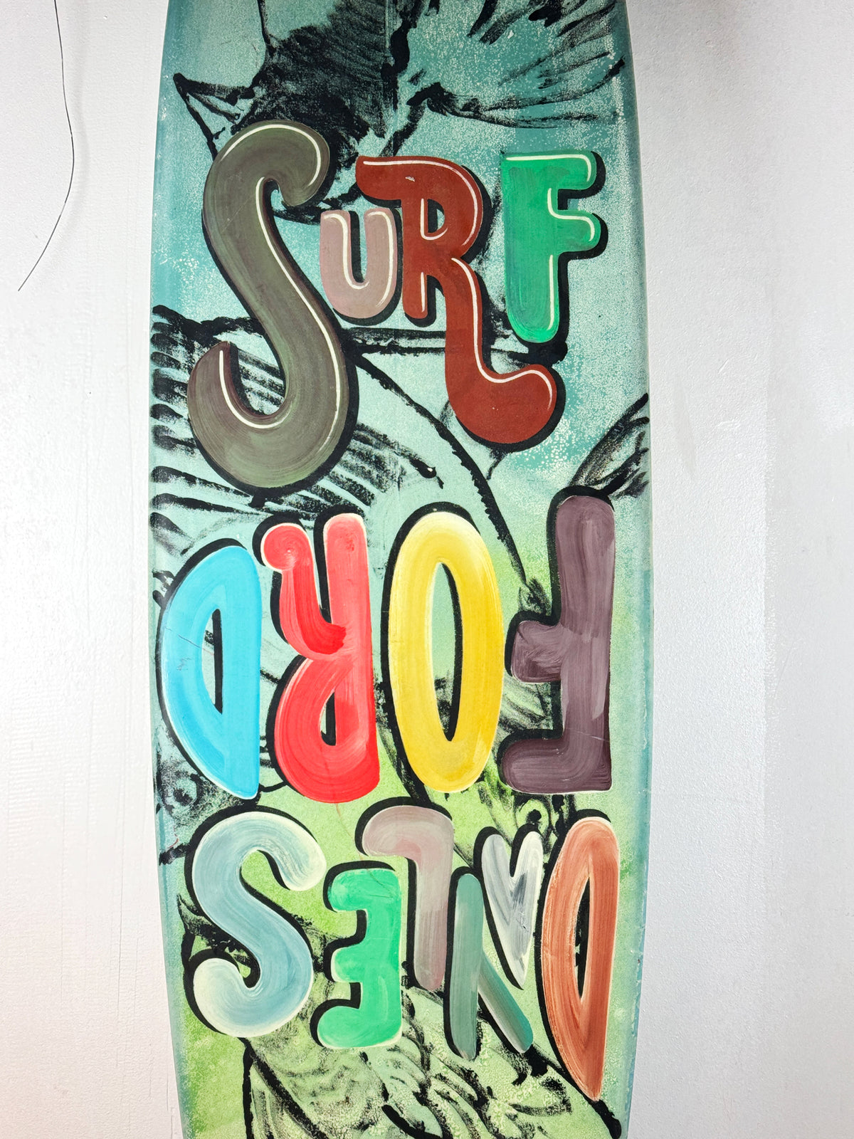 Daylesford Surf Surfboard by David Bromley — central colourful lettering detail.