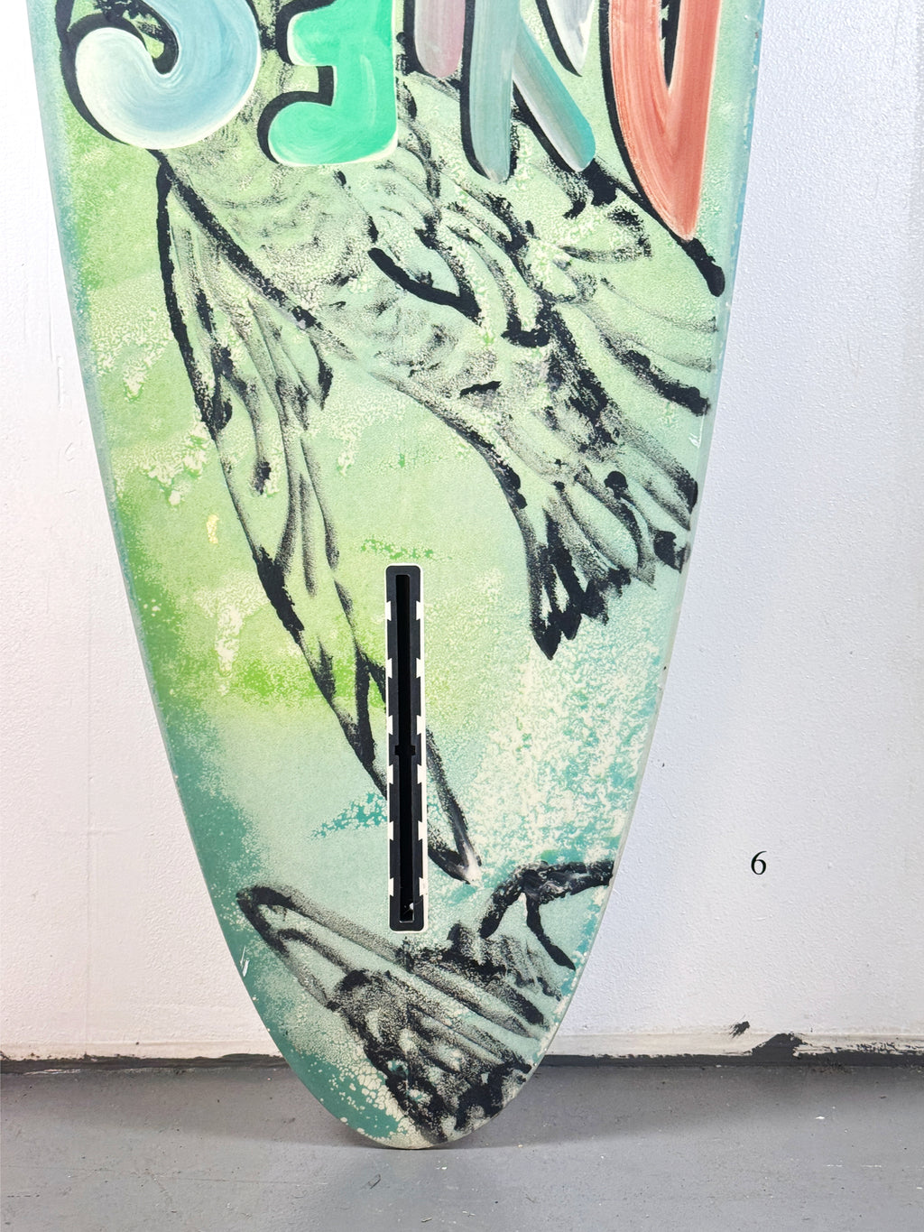 Daylesford Surf Surfboard by David Bromley — lower lettering and fin detail.