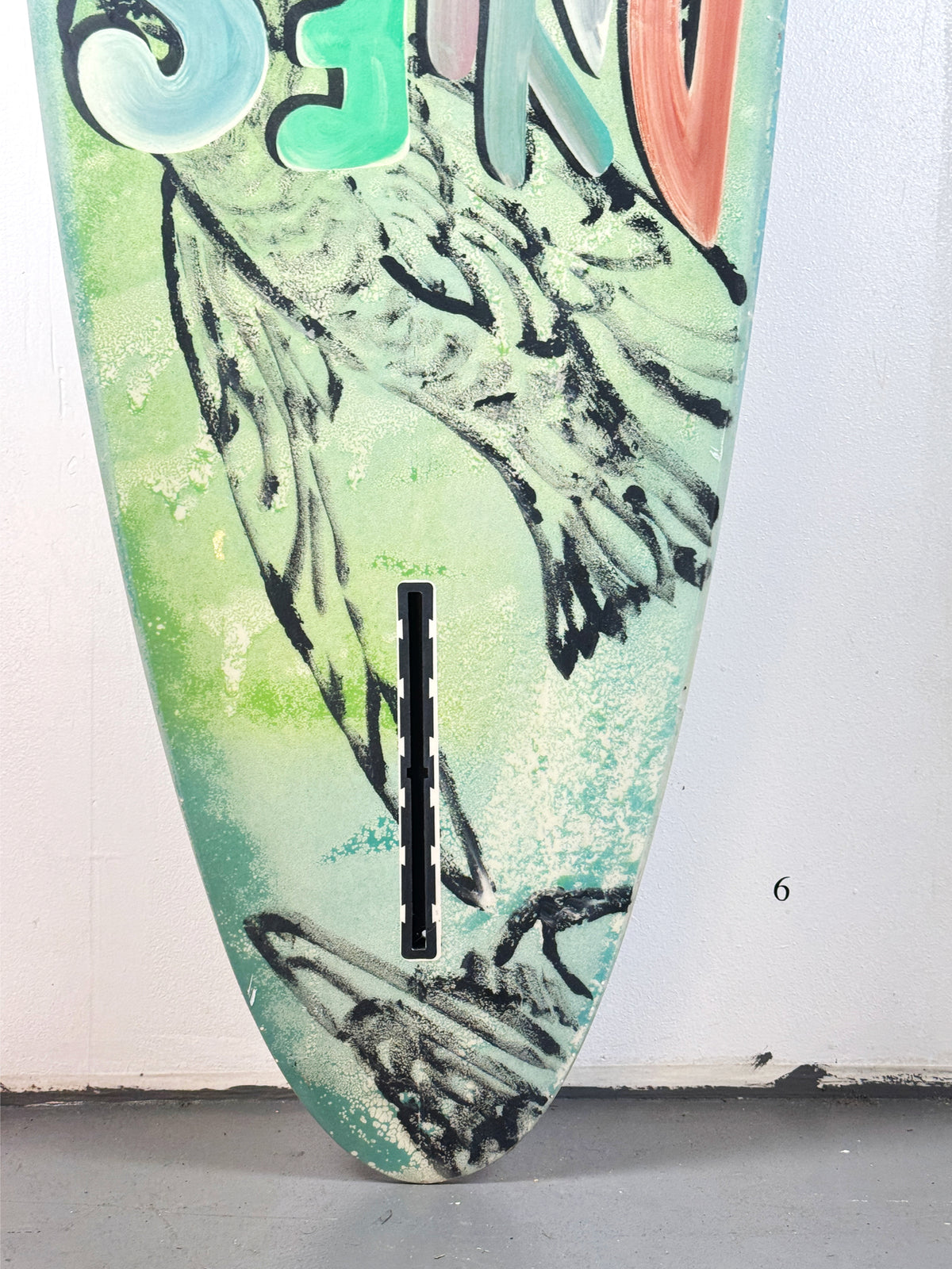 Daylesford Surf Surfboard by David Bromley — lower lettering and fin detail.