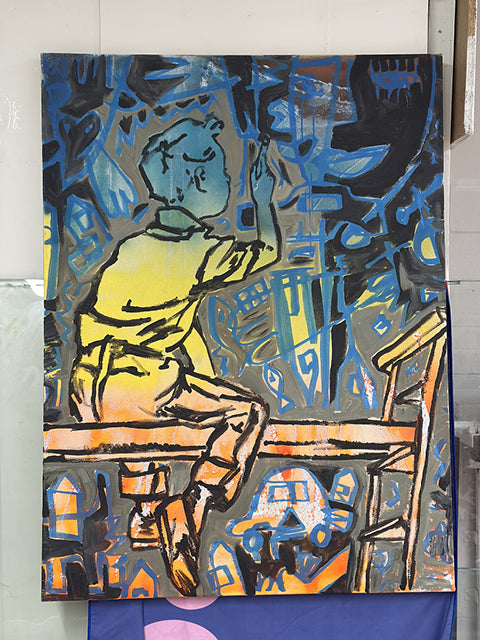 Painting Boy by David Bromley: a seated boy painting against a blue patterned background — gallery view.