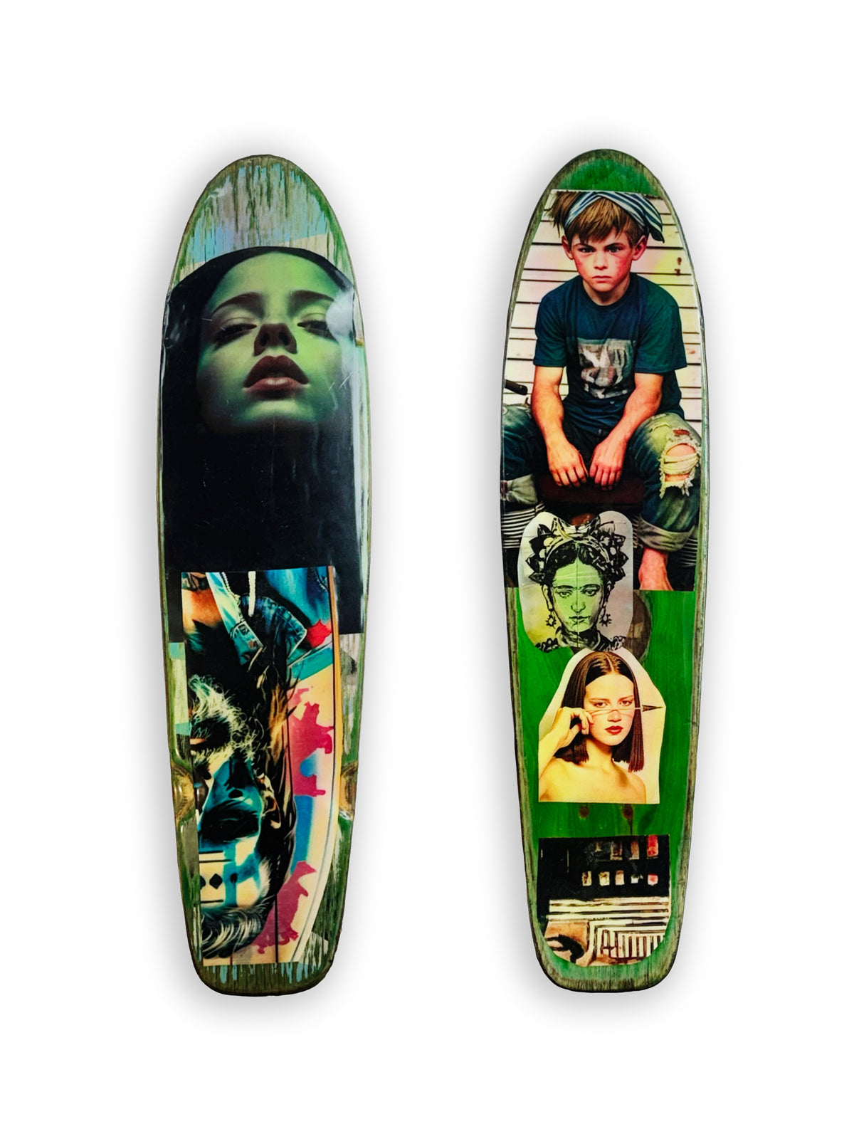 Skateboard 2 by David Bromley — portrait and seated-boy imagery on a green-toned skateboard deck, painted deck displayed above a glass-topped wooden crate.