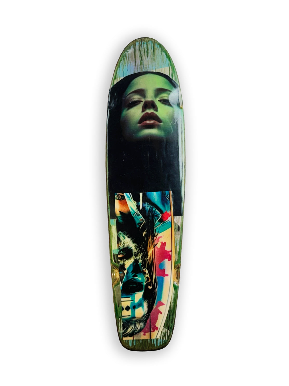 Skateboard 2 by David Bromley — portrait and seated-boy imagery on a green-toned skateboard deck, one painted side on white.