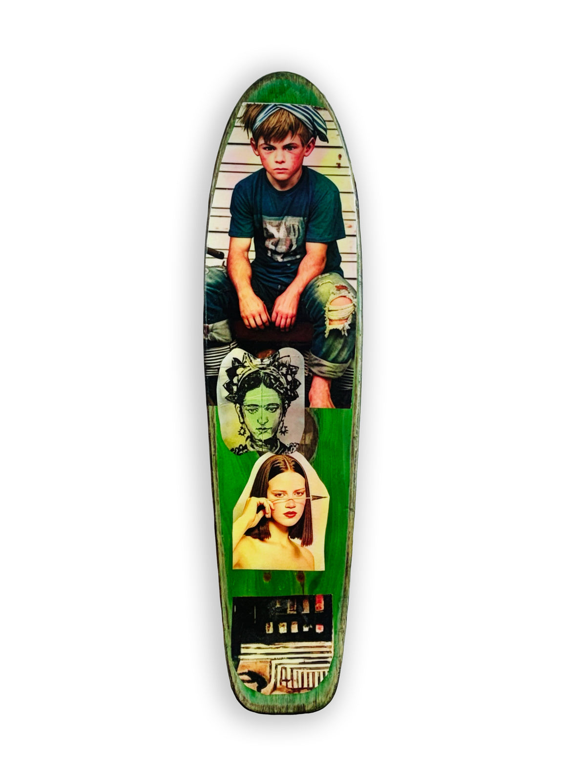 Skateboard 2 by David Bromley — portrait and seated-boy imagery on a green-toned skateboard deck, opposite painted side on white.
