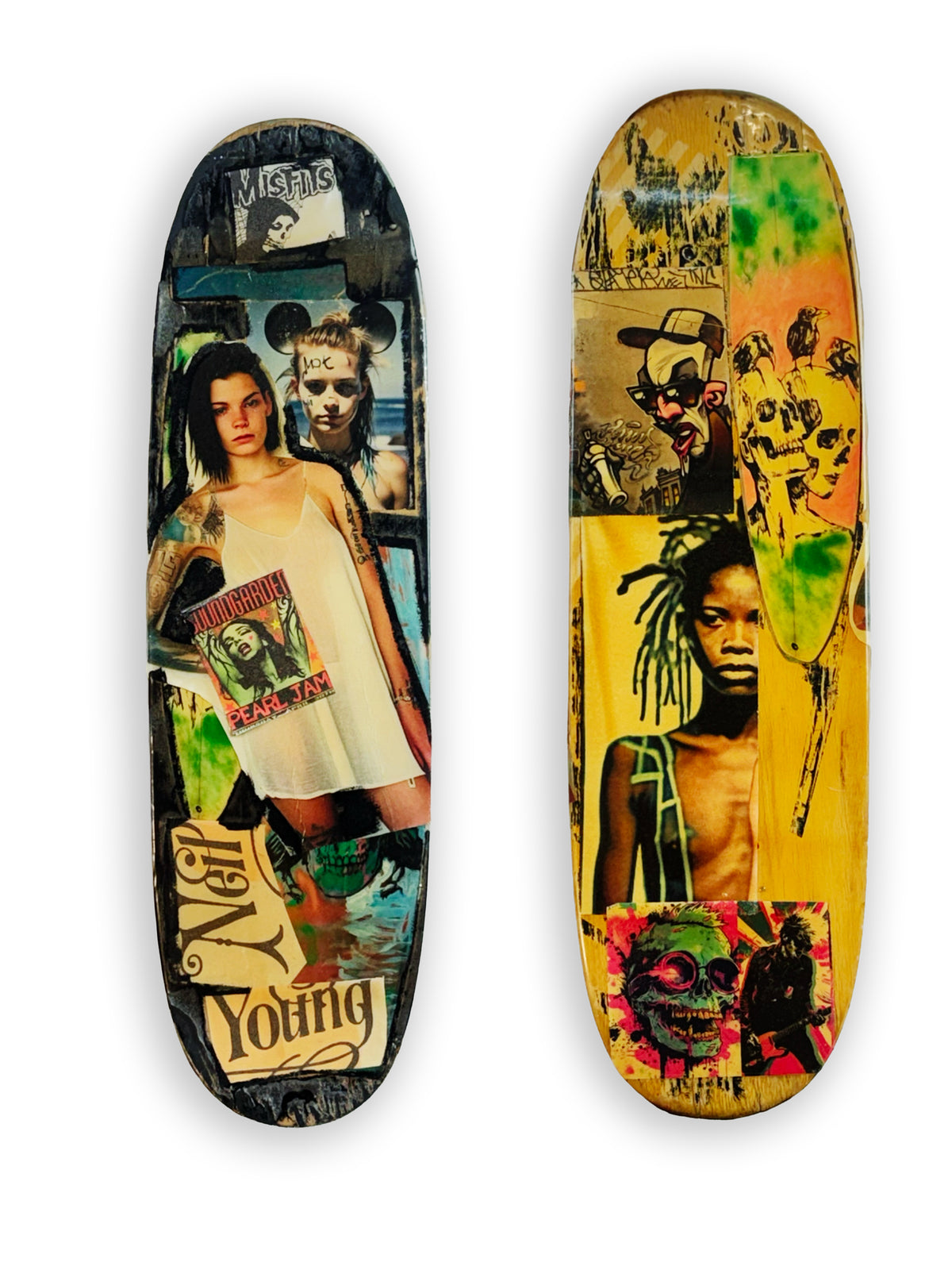 Skateboard 4 by David Bromley — portrait collage in black and yellow on a skateboard deck, painted deck displayed above a glass-topped wooden crate.
