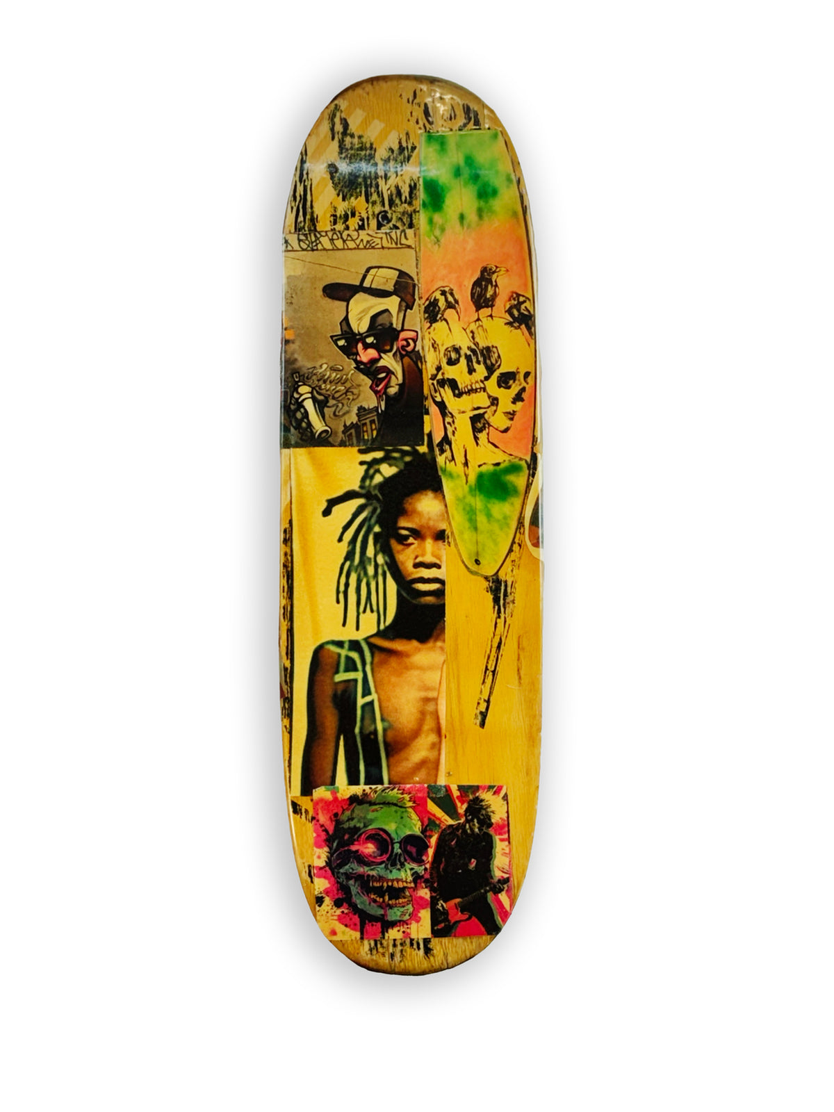 Skateboard 4 by David Bromley — portrait collage in black and yellow on a skateboard deck, one painted side on white.