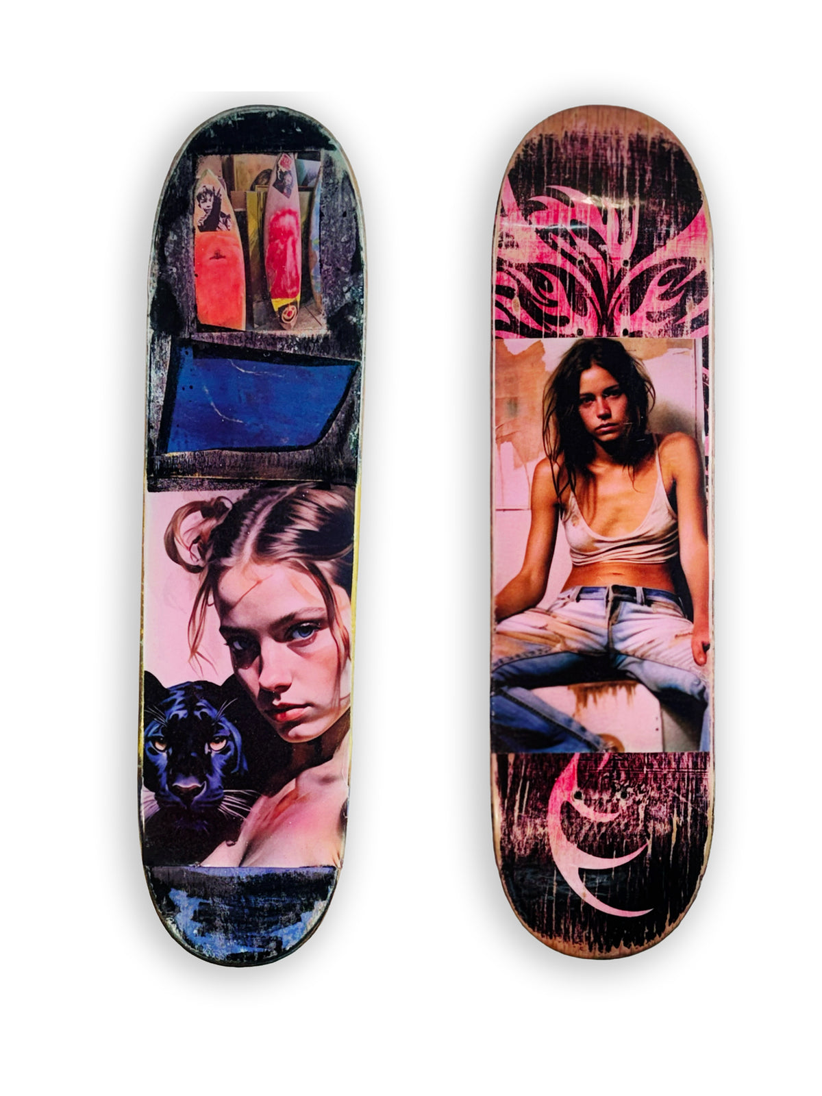 Skateboard 5 by David Bromley — pink and purple portrait collage on a skateboard deck, painted deck displayed above a glass-topped wooden crate.