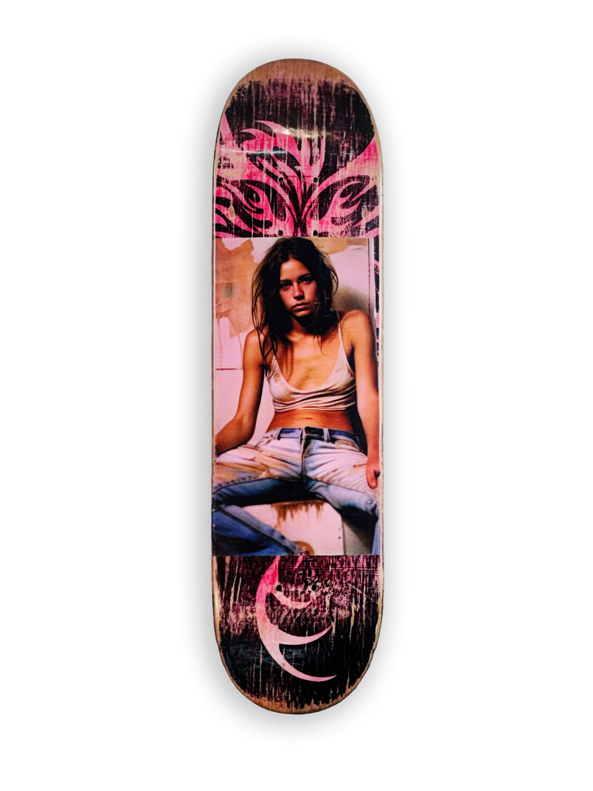 Skateboard 5 by David Bromley — pink and purple portrait collage on a skateboard deck, one painted side on white.