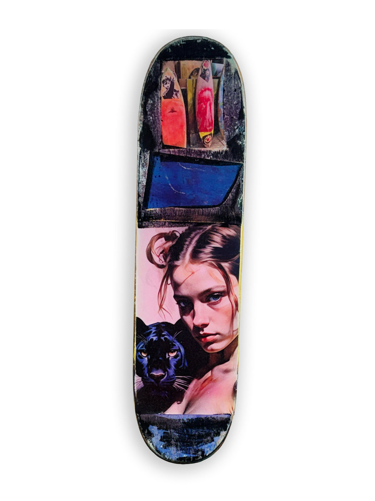 Skateboard 5 by David Bromley — pink and purple portrait collage on a skateboard deck, opposite painted side on white.