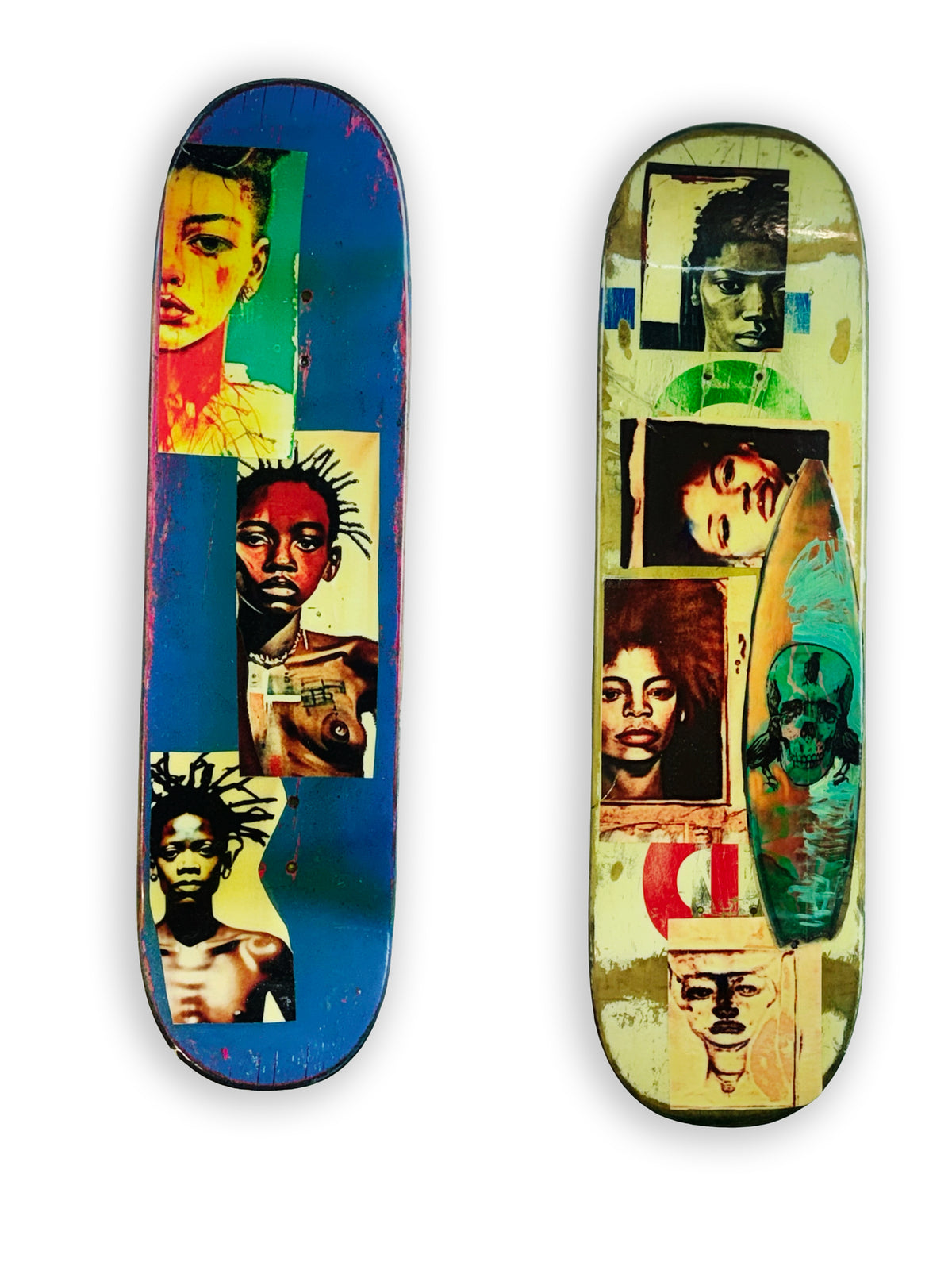 Skateboard 6 by David Bromley — portrait collage across blue and cream skateboard surfaces, painted deck displayed above a glass-topped wooden crate.