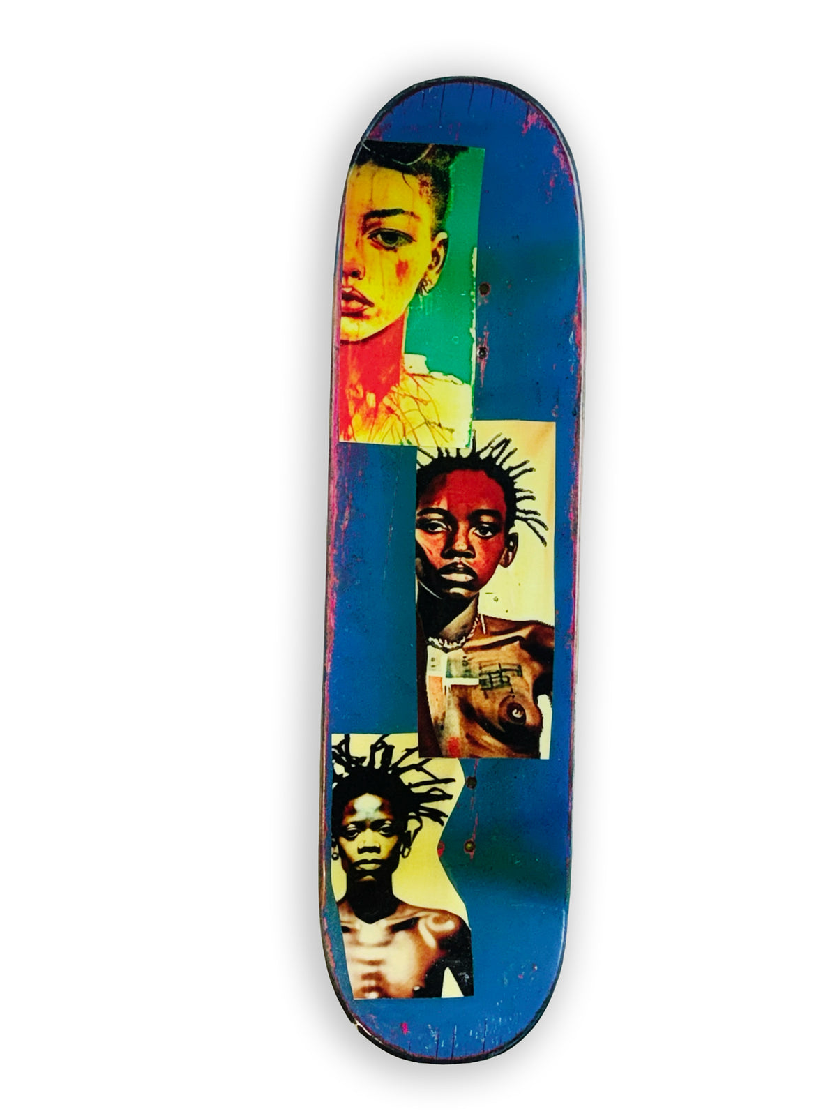 Skateboard 6 by David Bromley — portrait collage across blue and cream skateboard surfaces, one painted side on white.