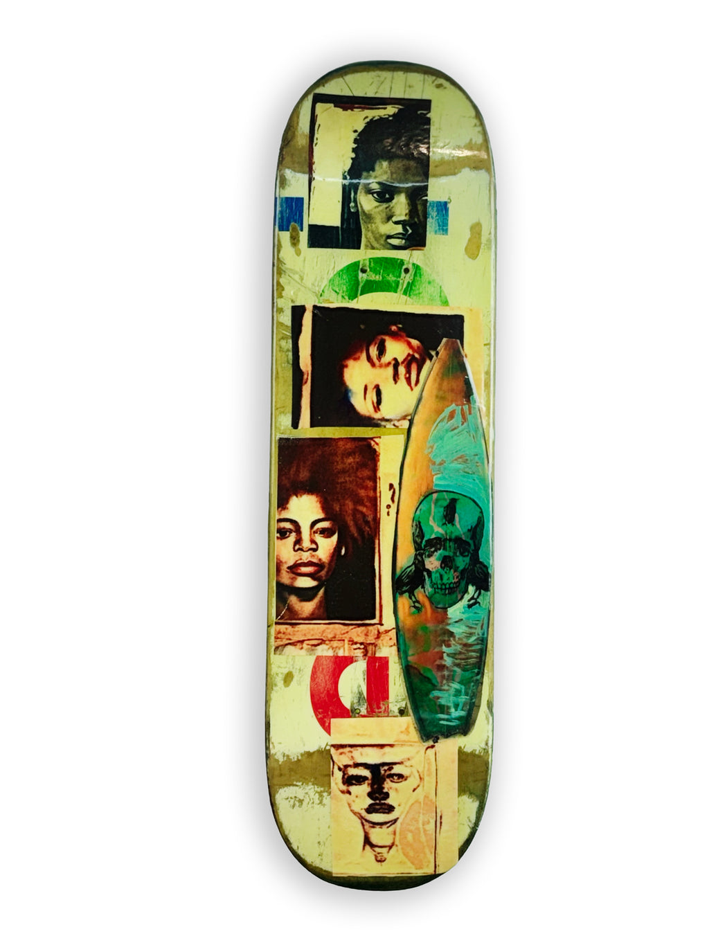 Skateboard 6 by David Bromley — portrait collage across blue and cream skateboard surfaces, opposite painted side on white.