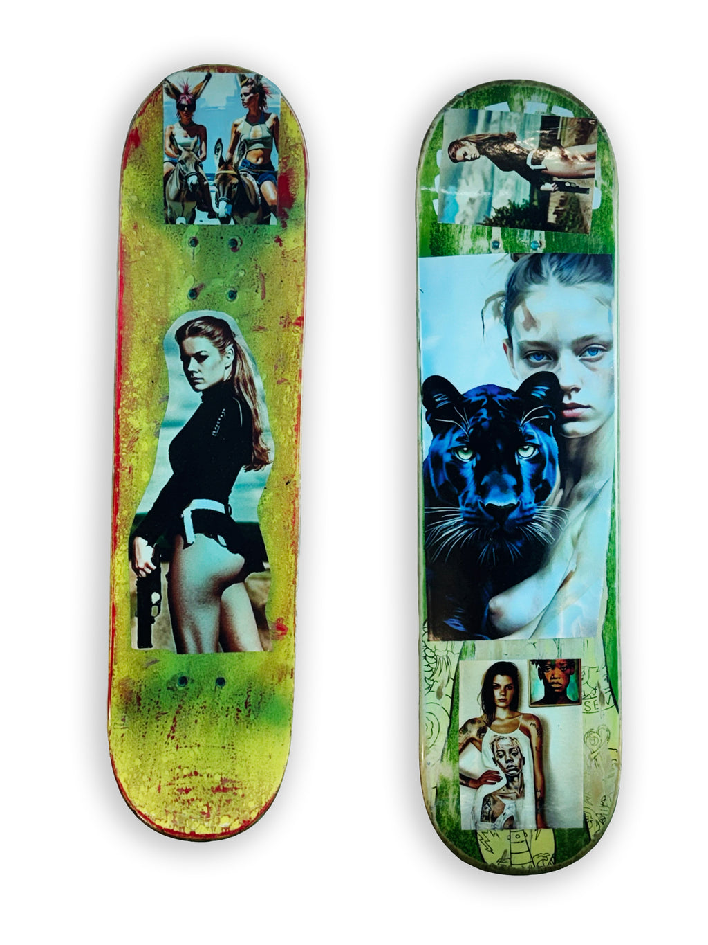 Skateboard 7 by David Bromley — portrait collage across green and pale blue skateboard surfaces, painted deck displayed above a glass-topped wooden crate.