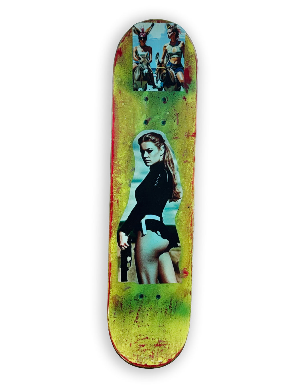 Skateboard 7 by David Bromley — portrait collage across green and pale blue skateboard surfaces, one painted side on white.