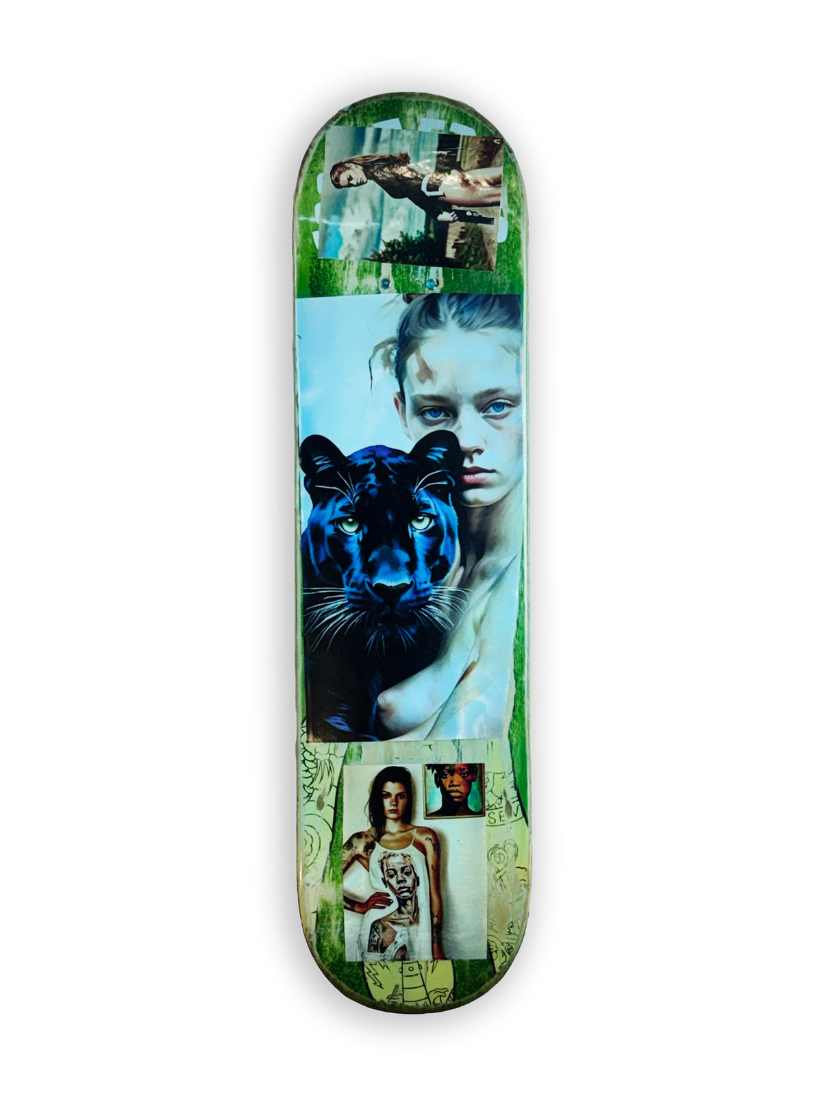 Skateboard 7 by David Bromley — portrait collage across green and pale blue skateboard surfaces, opposite painted side on white.