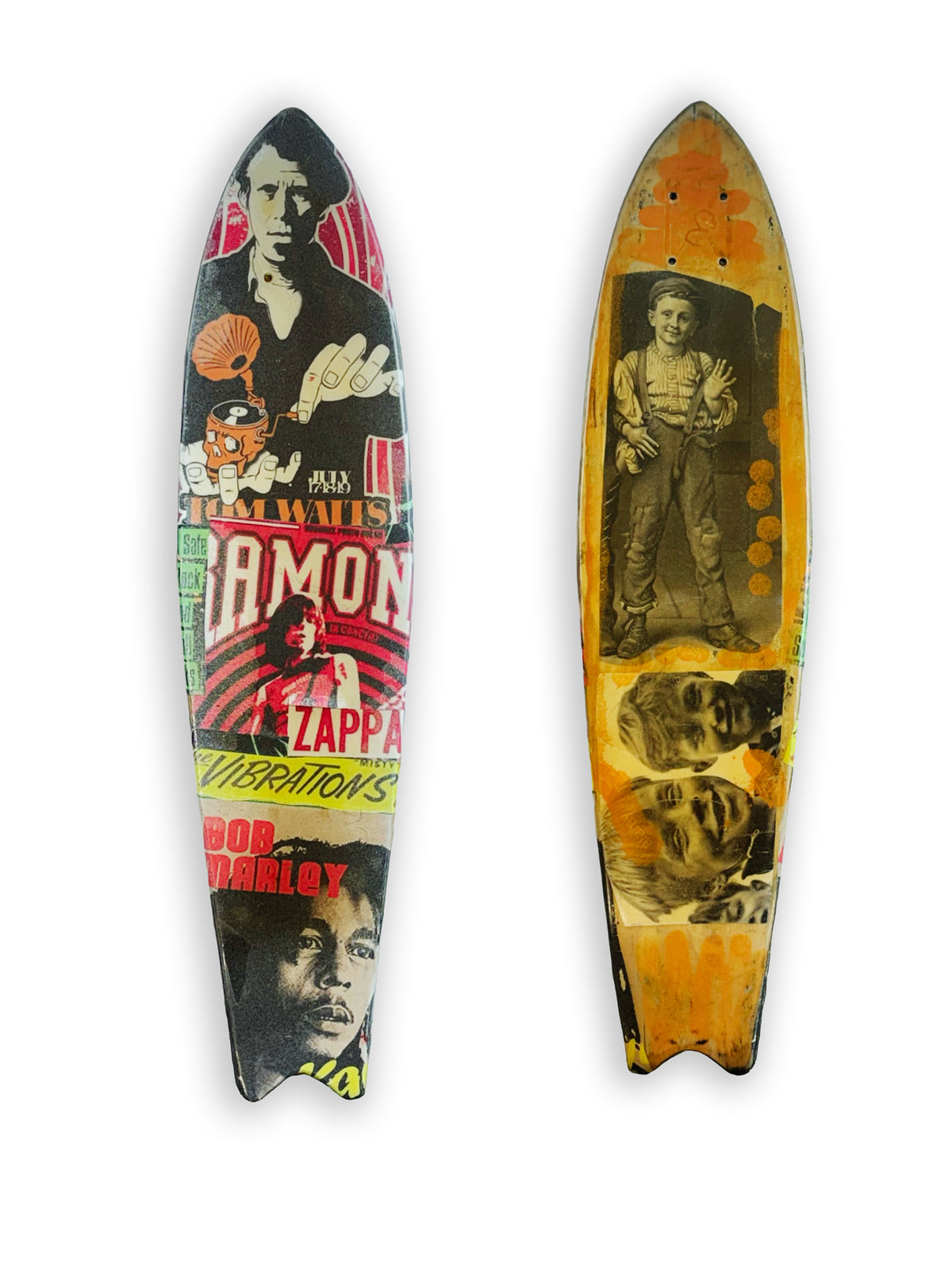 Skateboard 8 by David Bromley — bold poster lettering and yellow figurative imagery on a shaped skateboard deck, painted deck displayed above a glass-topped wooden crate.
