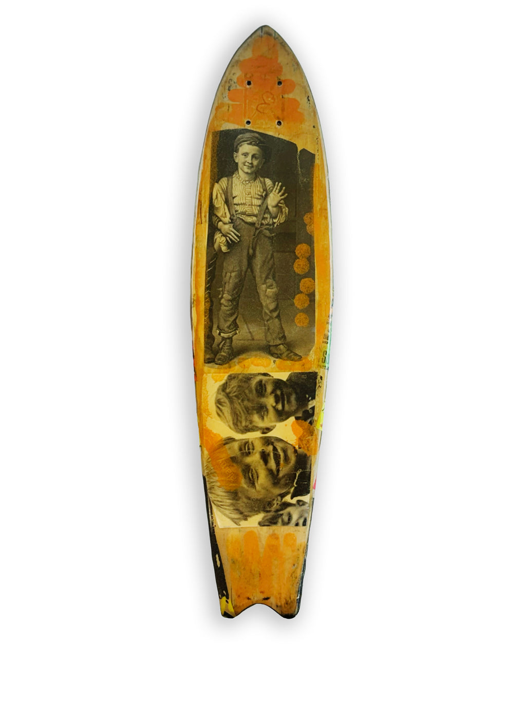 Skateboard 8 by David Bromley — bold poster lettering and yellow figurative imagery on a shaped skateboard deck, one painted side on white.