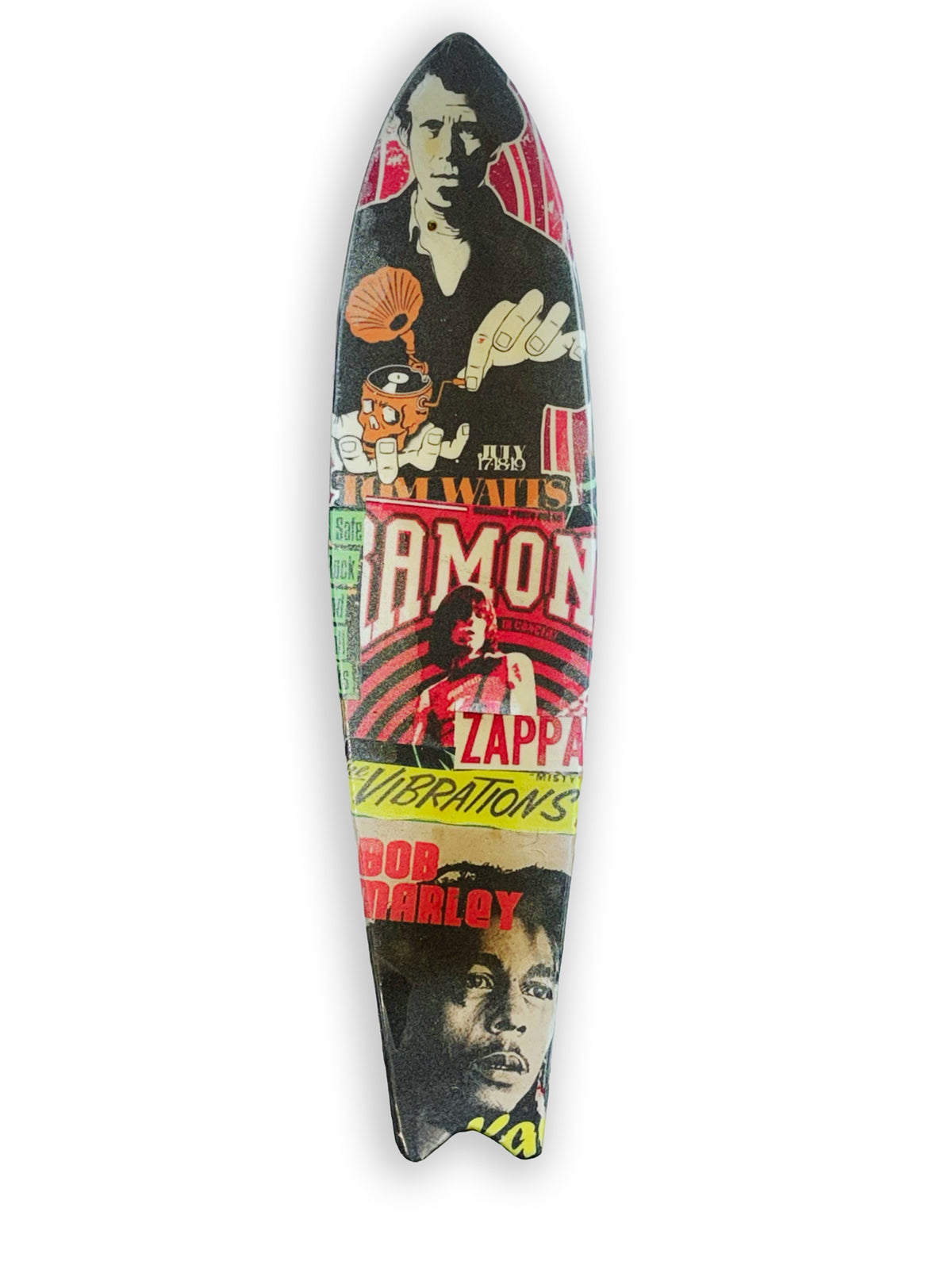 Skateboard 8 by David Bromley — bold poster lettering and yellow figurative imagery on a shaped skateboard deck, opposite painted side on white.