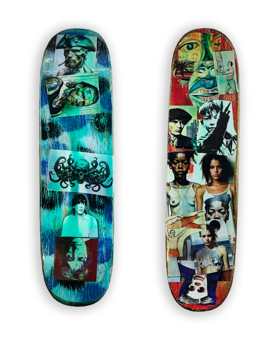 Skateboard 3 by David Bromley — blue-green collage and colourful portraits on a skateboard deck, painted deck displayed above a glass-topped wooden crate.