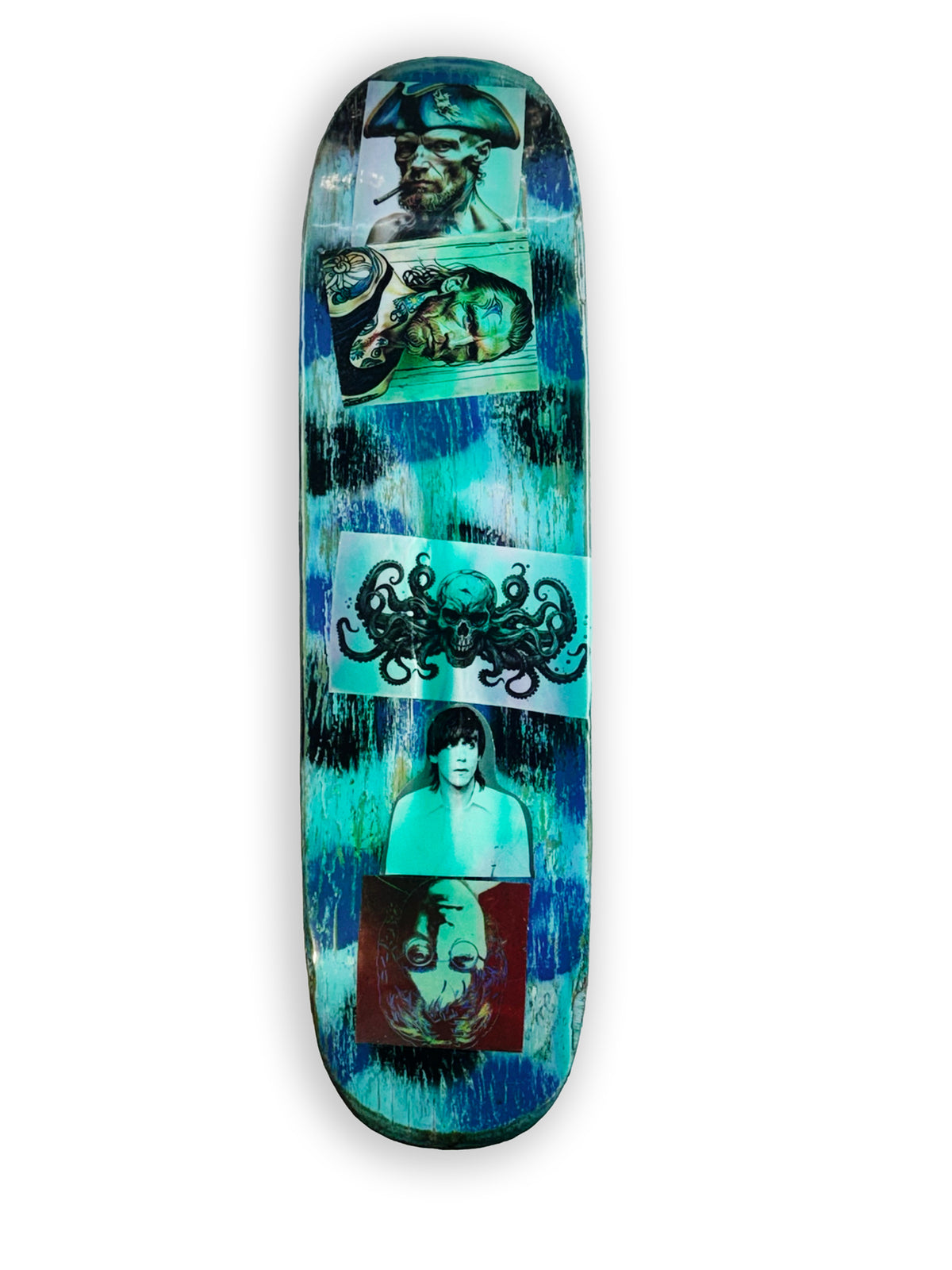 Skateboard 3 by David Bromley — blue-green collage and colourful portraits on a skateboard deck, one painted side on white.