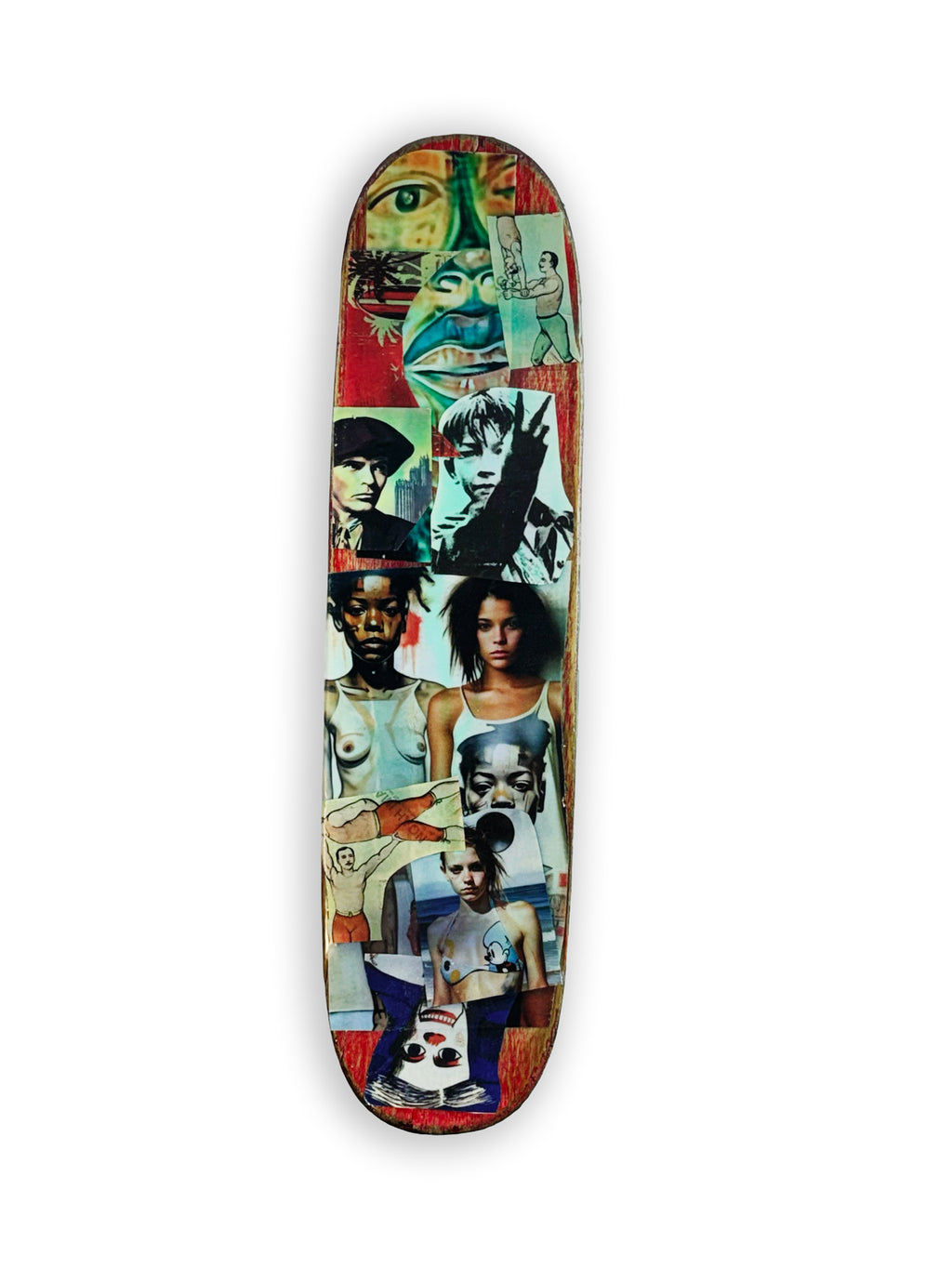 Skateboard 3 by David Bromley — blue-green collage and colourful portraits on a skateboard deck, opposite painted side on white.